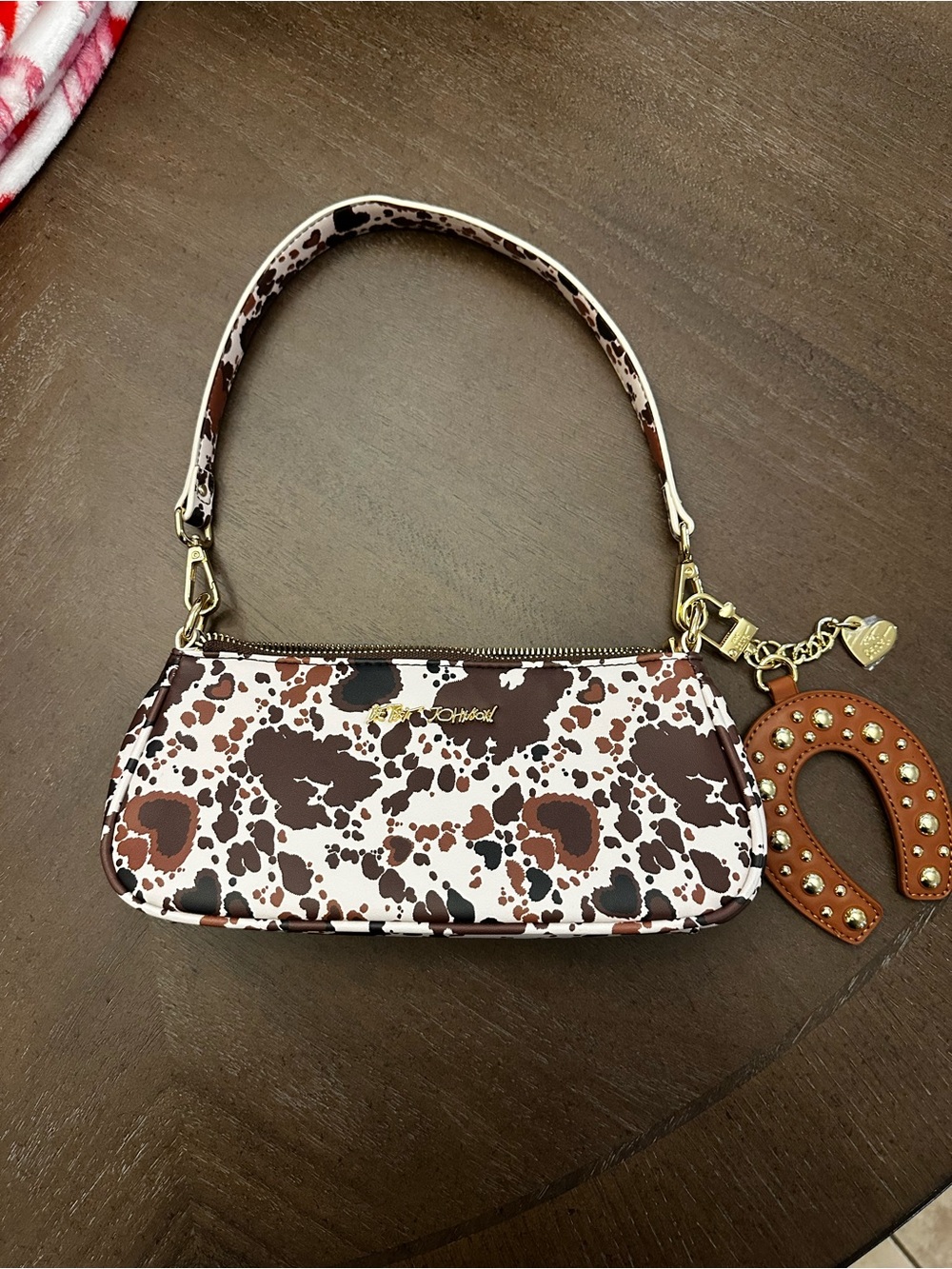 Betsey Johnson Cow Print Shoulder/Crossbody bag with Horseshoe Charm